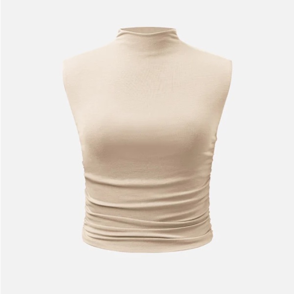 OGL Beige Mock Neck Ruched Tank Top